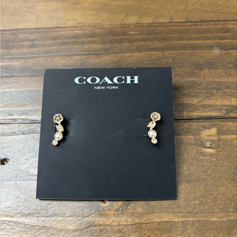 Coach Faux Stone Signature Heritage Cultivated Pearl Crawler Earrings